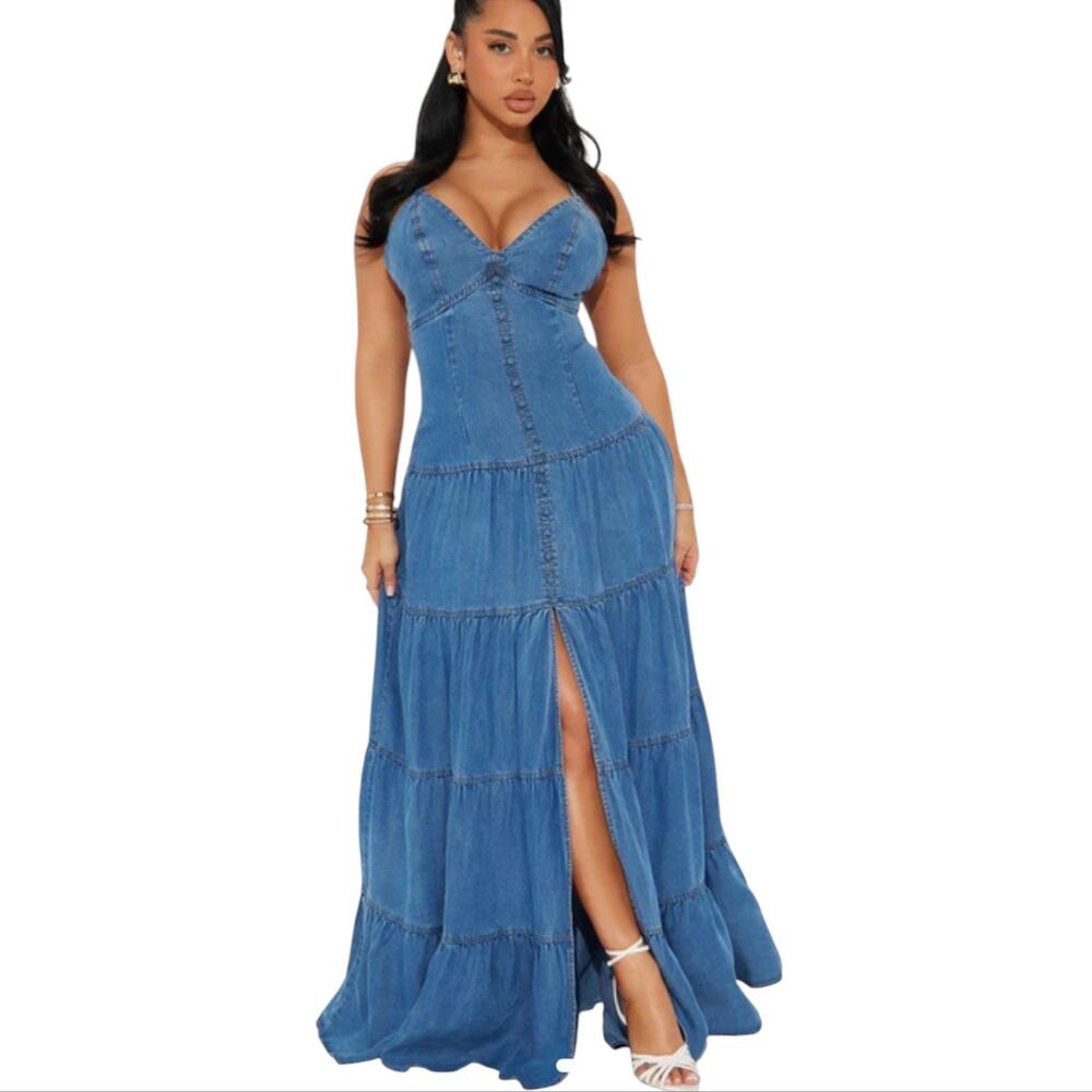 Denim Blue Tiered Maxi Dress with Front Slit Y2K summer feminine strappy back